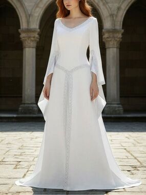 Renaissance Medieval Times Elegant White Long Sleeve Dress